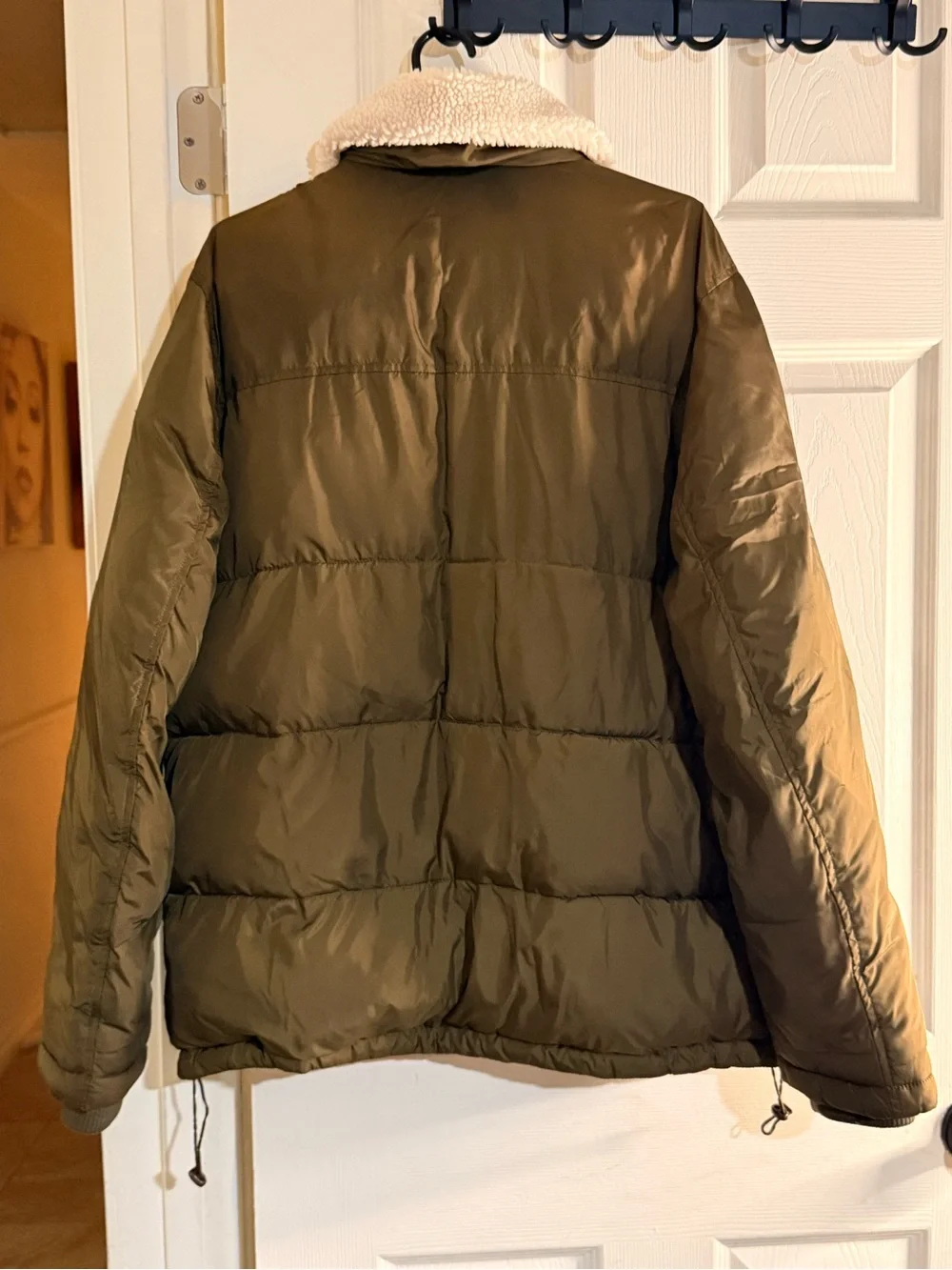 GUESS Olive Green Puffer Jacket with Cream Sherpa Collar